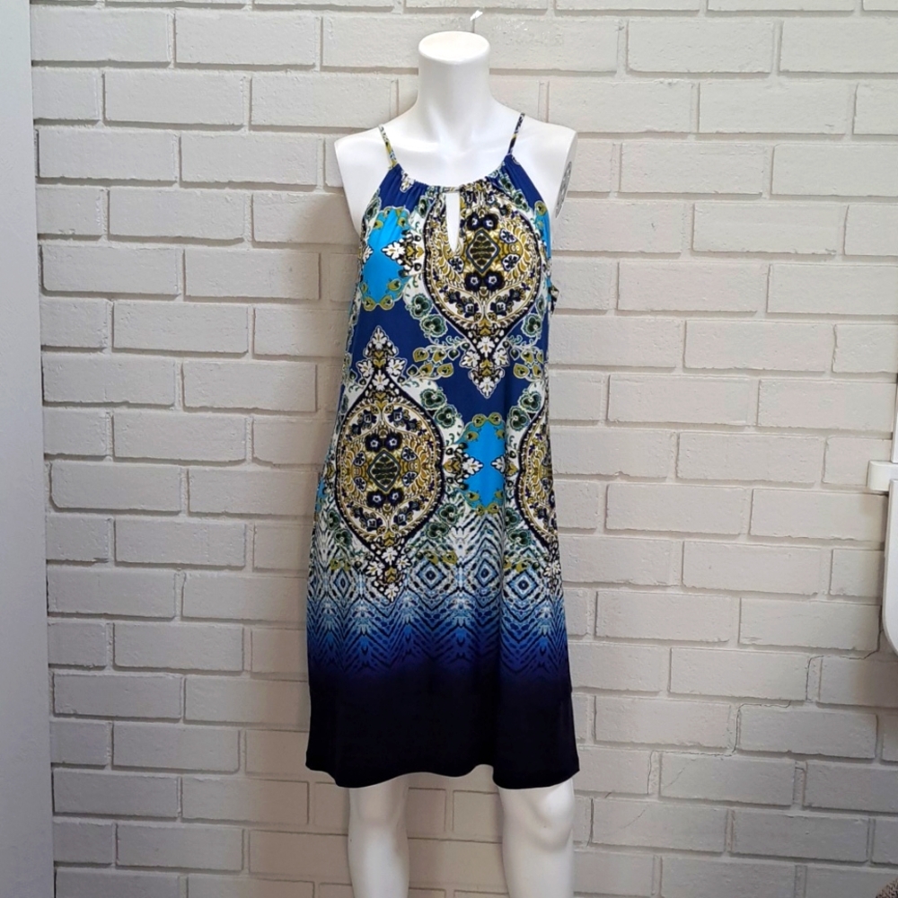EN Focus Studio Blue Paisley Sleeveless Keyhole Front Dress. Size 12 NWOT